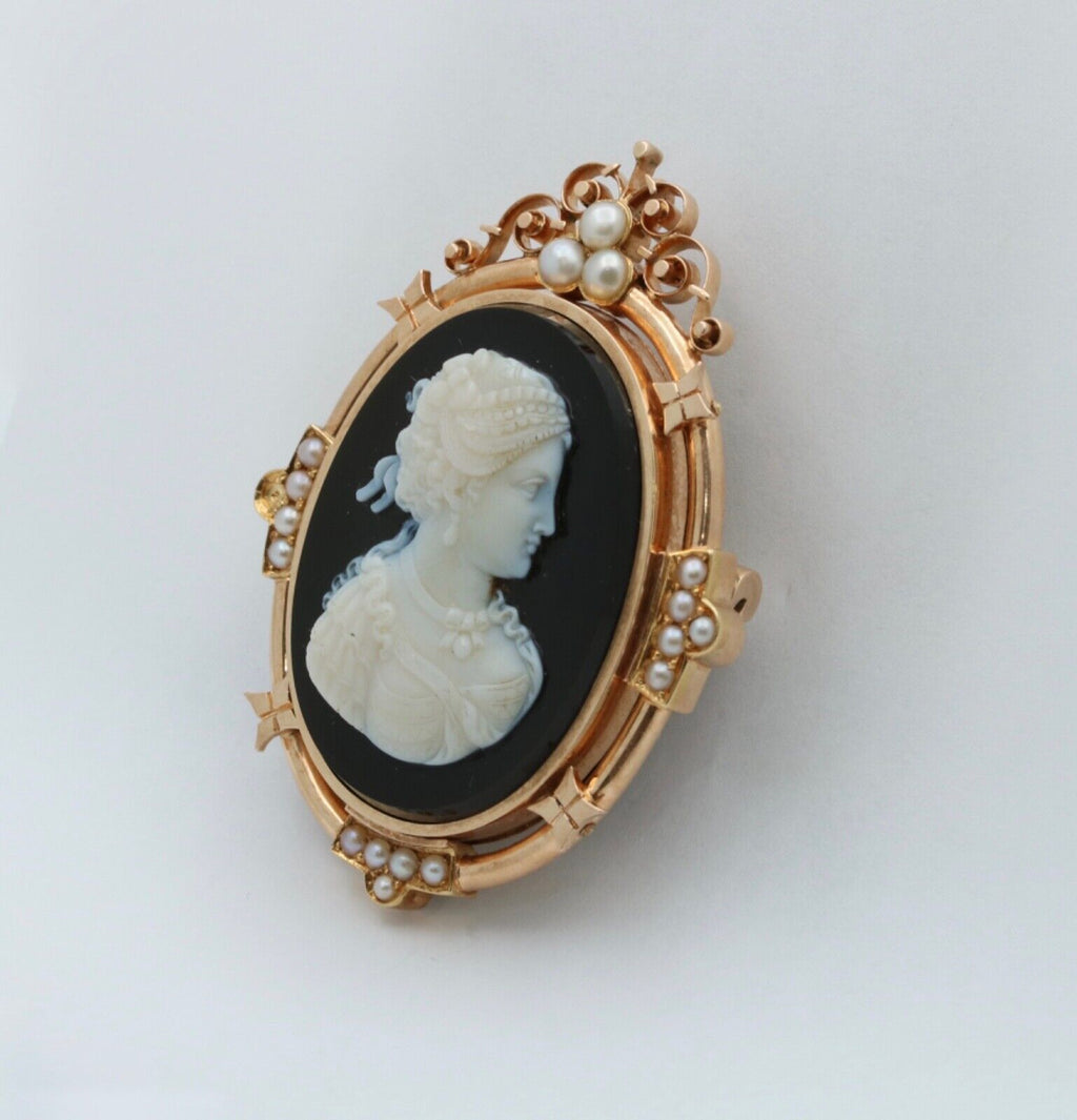 Victorian 14K Rose Gold Black Onyx Cameo Pendant Brooch