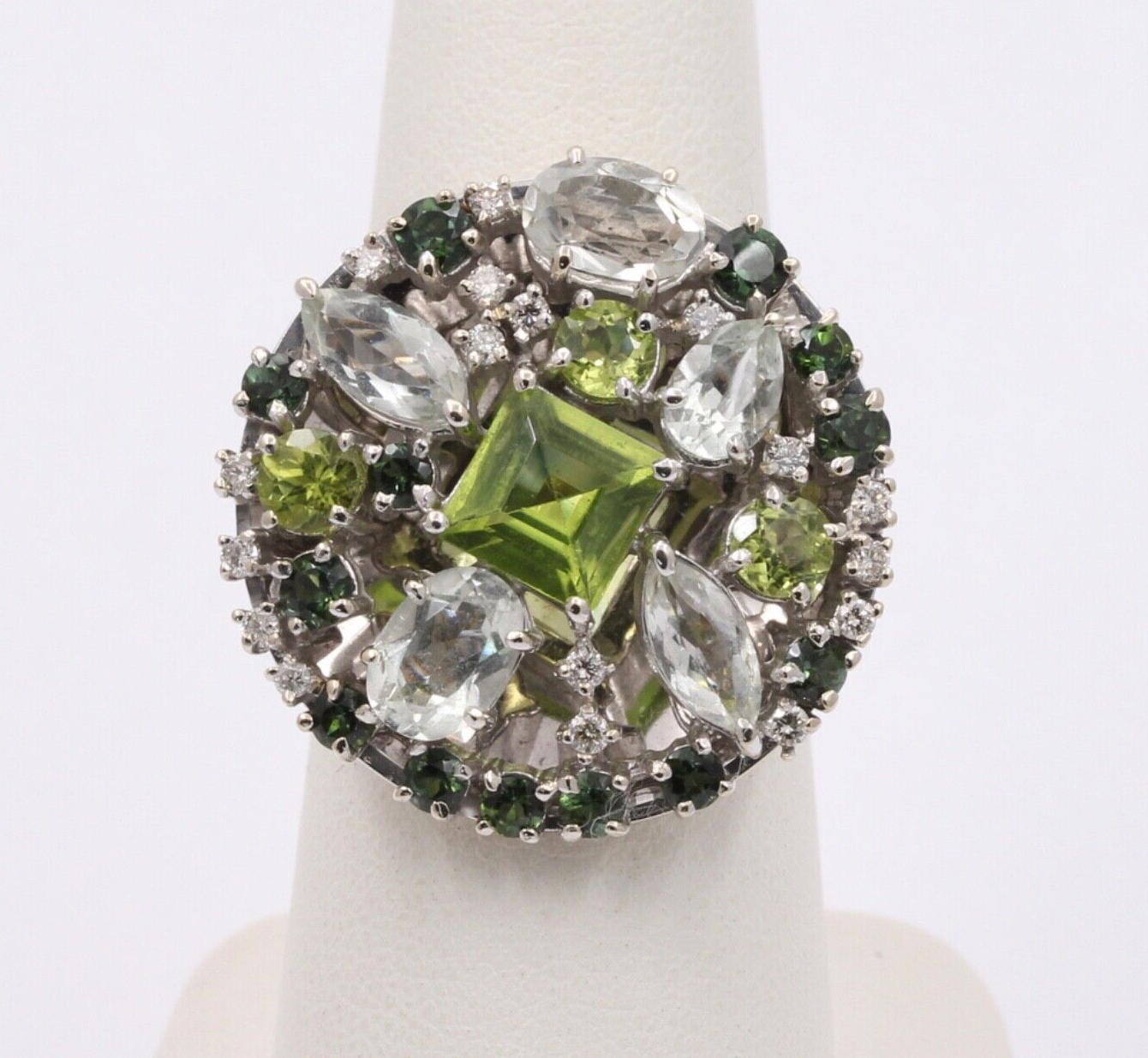 Striking Denoir 18K Gold Peridot, Prasiolite, Tourmaline and Diamond Ring