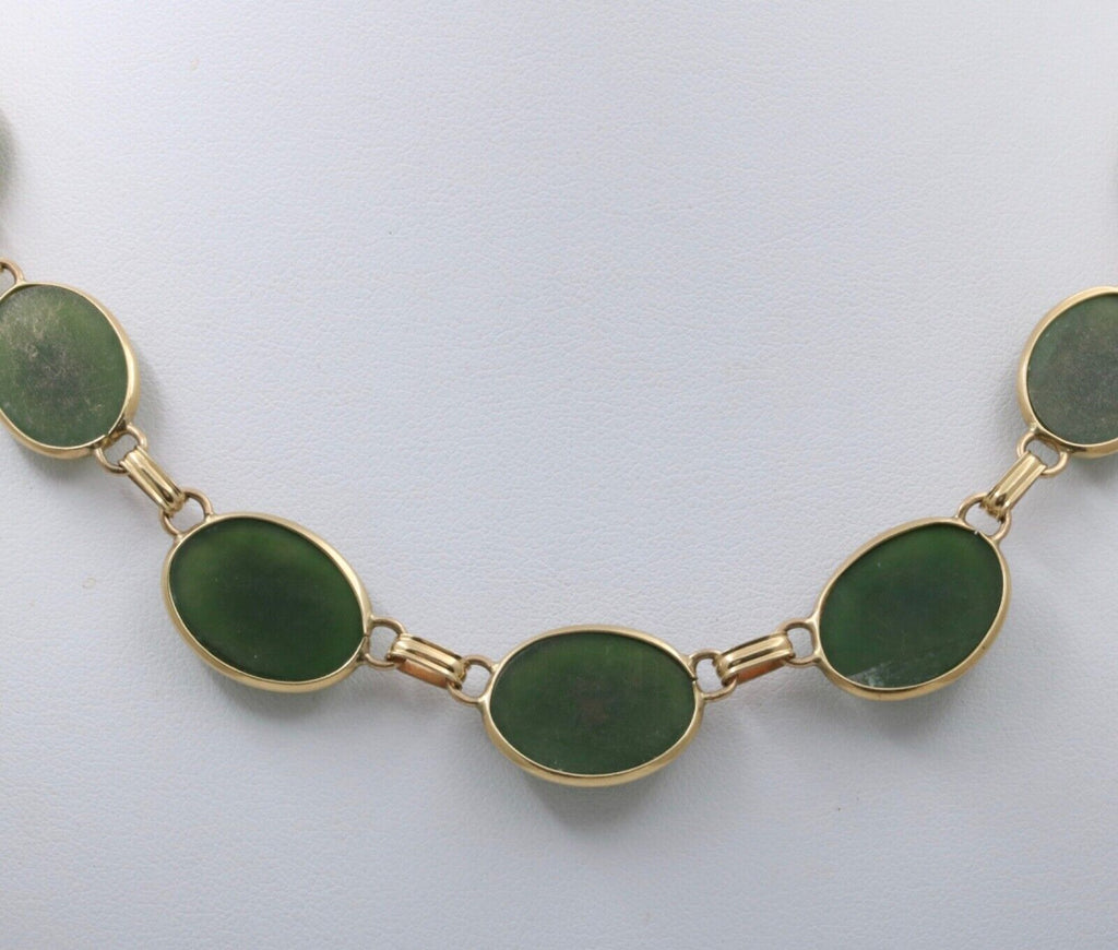 Vintage Oval Eternity Jade 14K Yellow Gold Necklace