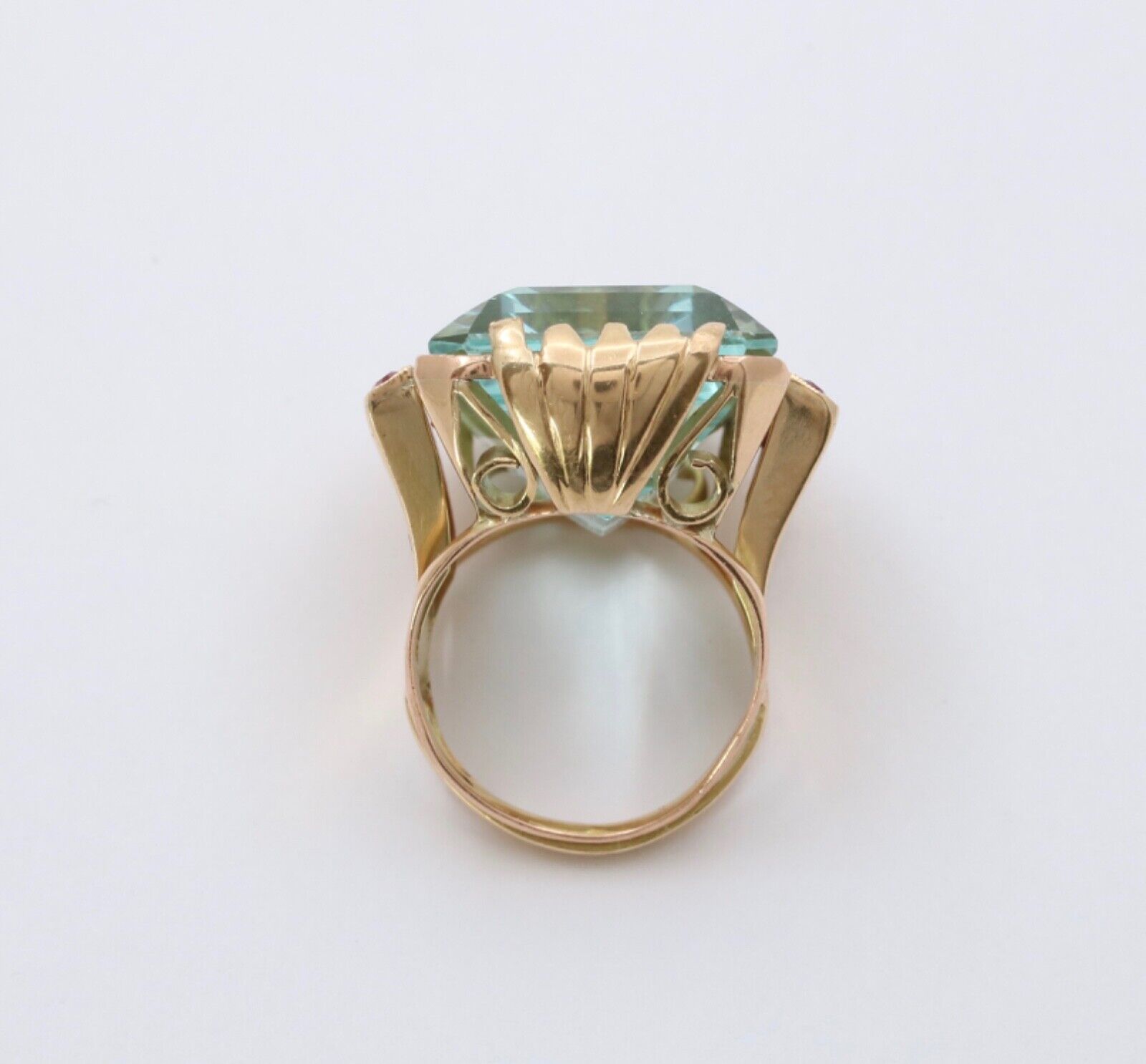 Vintage Retro 14K Yellow Gold Large Aquamarine & Ruby Ring