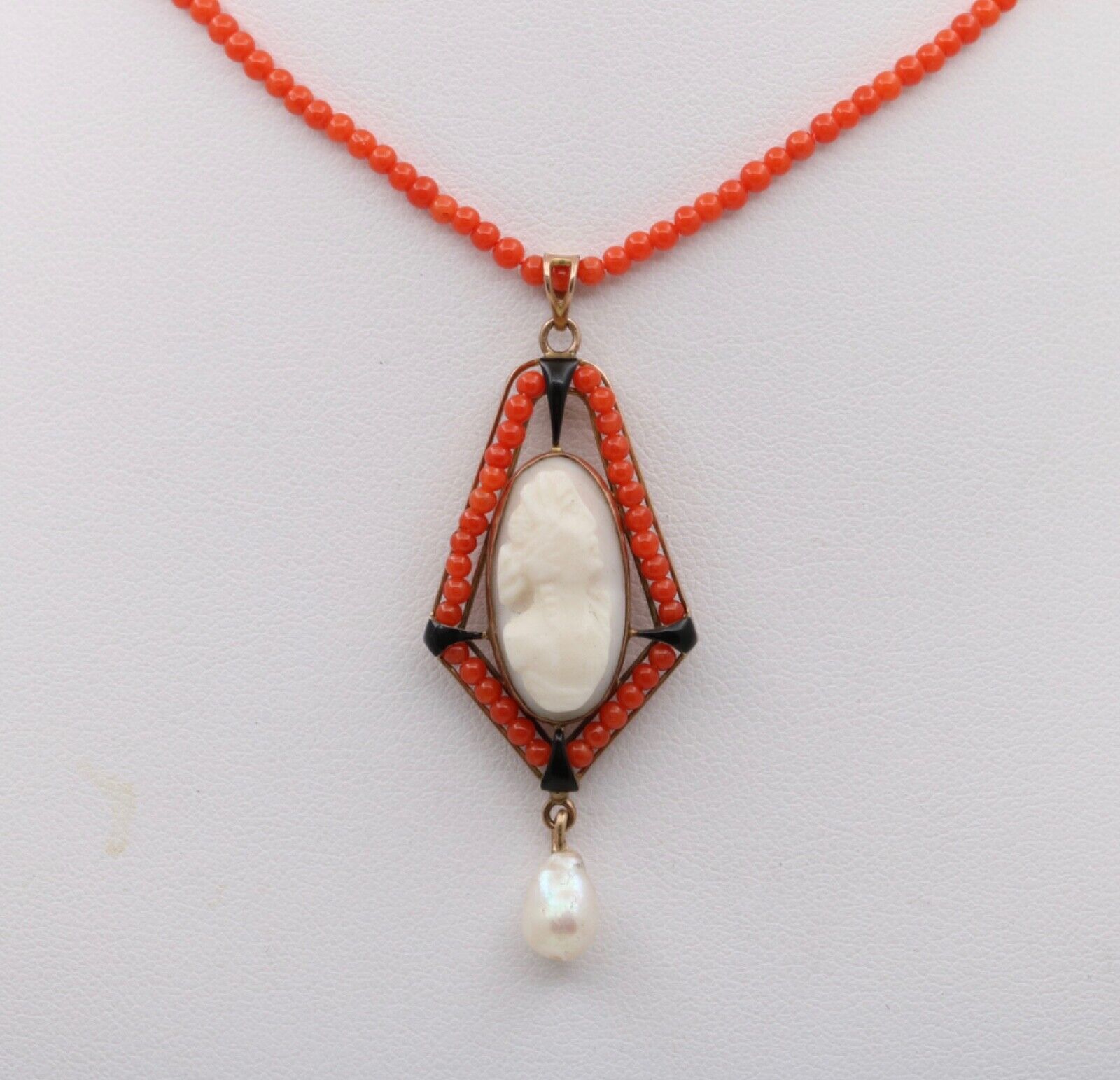 Vintage Coral Cameo Enamel Yellow Gold Pendant Necklace