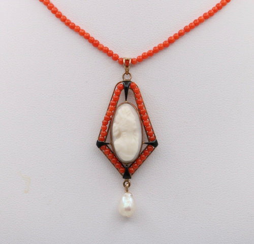 Vintage Coral Cameo Enamel Yellow Gold Pendant Necklace