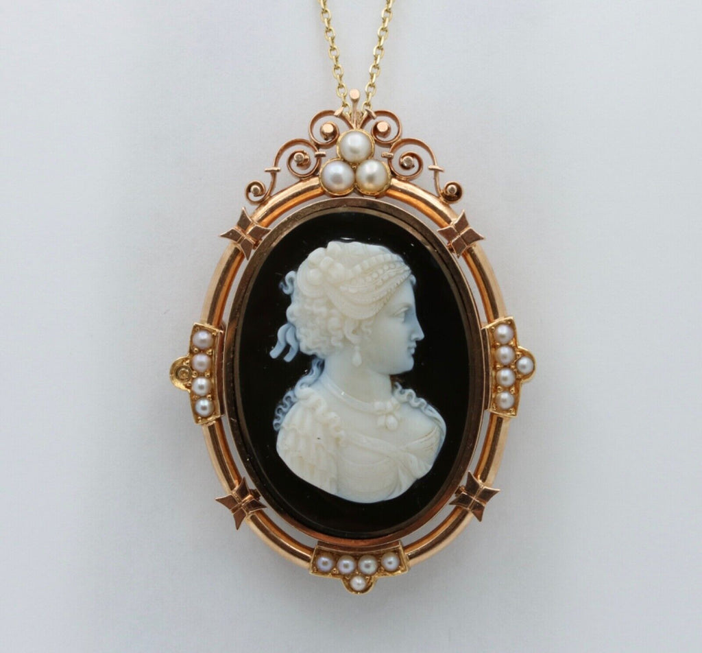 Victorian 14K Rose Gold Black Onyx Cameo Pendant Brooch