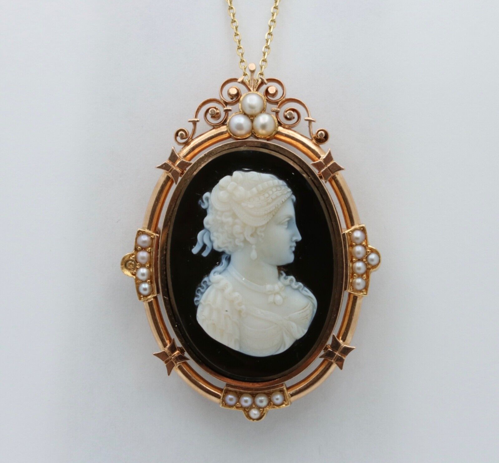 Victorian 14K Rose Gold Black Onyx Cameo Pendant Brooch