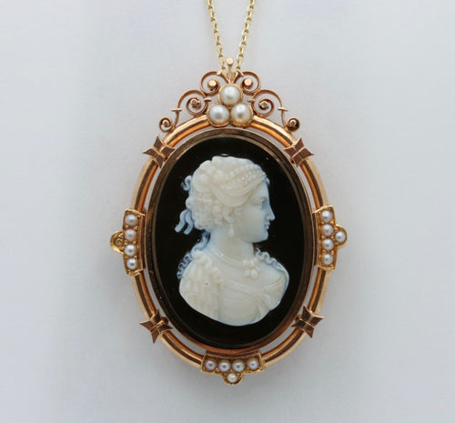 Victorian 14K Rose Gold Black Onyx Cameo Pendant Brooch