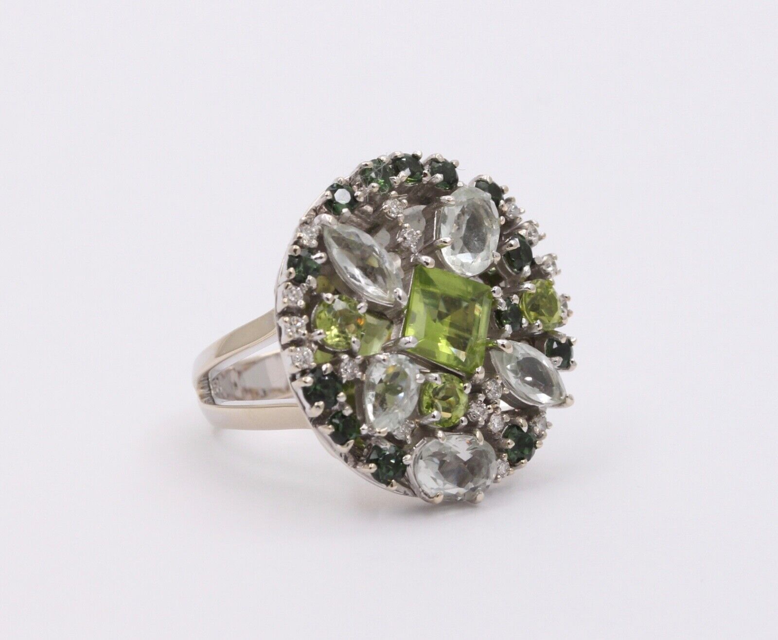 Striking Denoir 18K Gold Peridot, Prasiolite, Tourmaline and Diamond Ring
