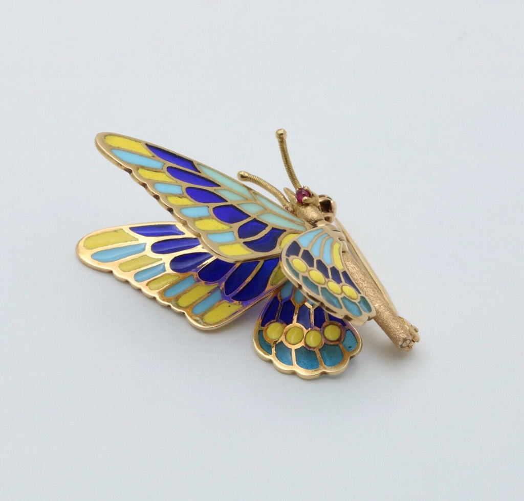 Vintage 18K Yellow Gold Plique A Jour Enamel Butterfly Brooch
