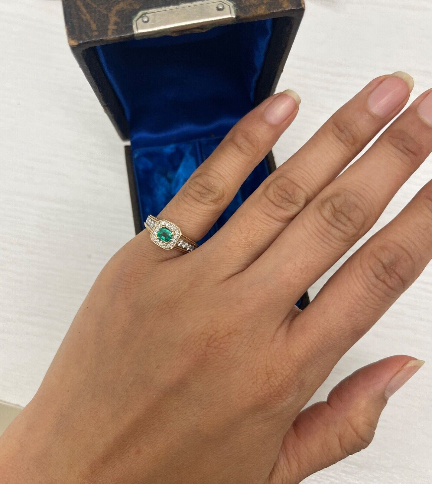 Vintage 14K Yellow Gold Emerald & Diamond Ring, Engagement Ring