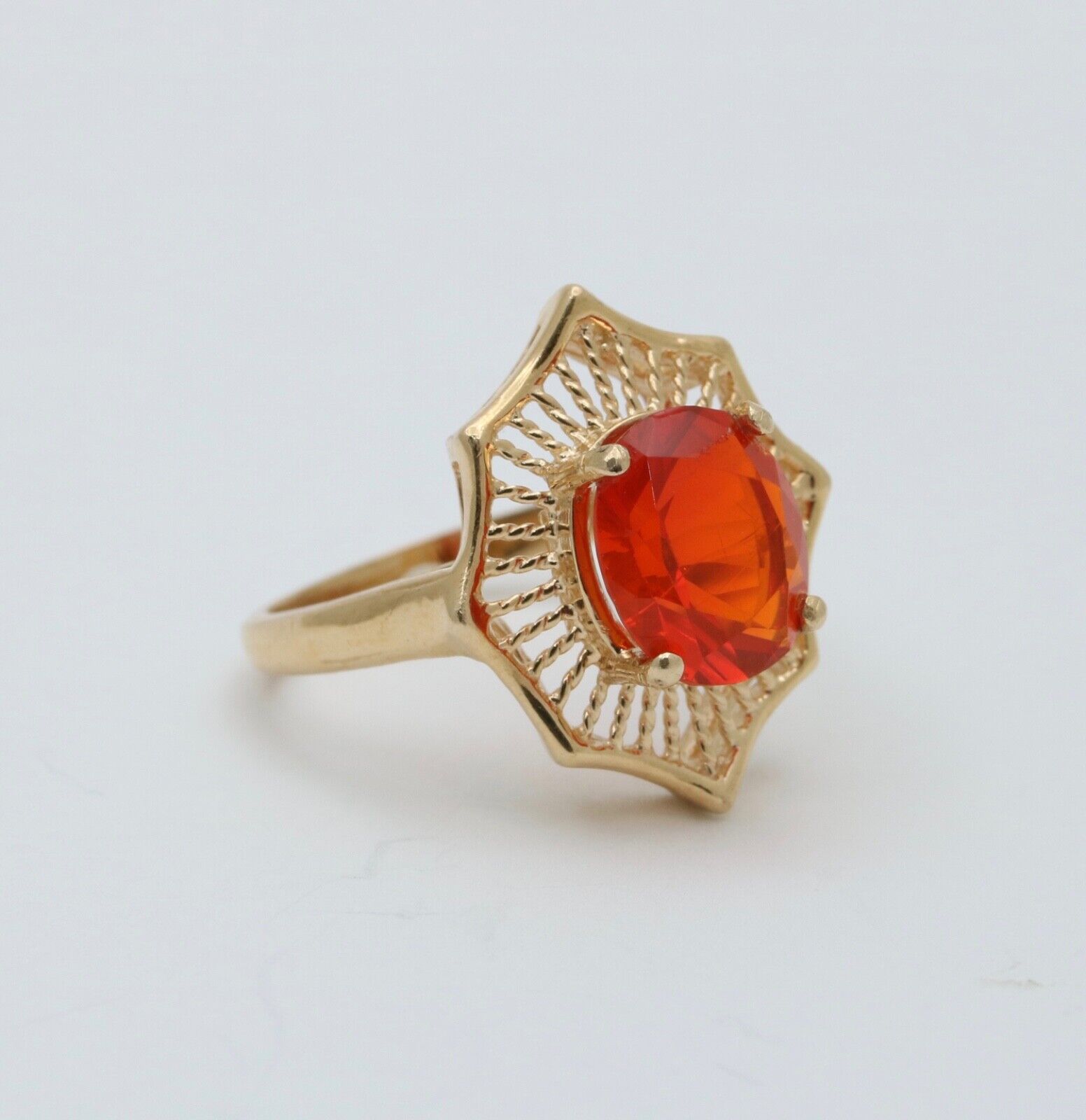 Vintage Mexican Fire Opal Filagree 14K Yellow Gold Ring