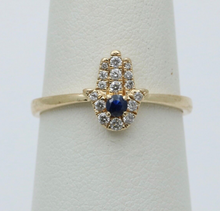 Load image into Gallery viewer, Vintage 10K Yellow Gold Diamond &amp; Sapphire Hamsa Ring
