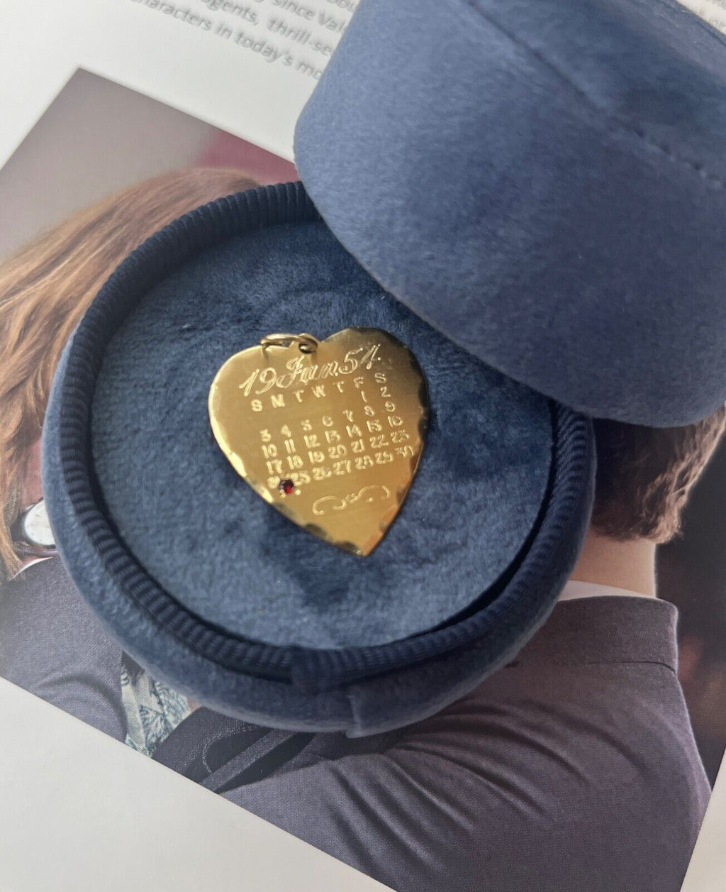 Vintage 14K Yellow Gold January Calendar Birthday Heart Charm, Birthstone Garnet