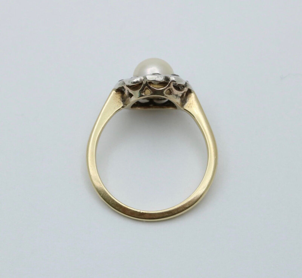 Victorian English Rose Cut Diamonds Pearl 18K Yellow White Gold Ring