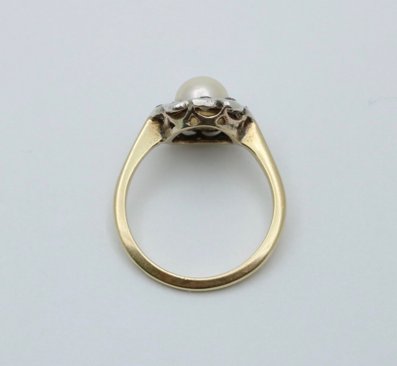 Victorian English Rose Cut Diamonds Pearl 18K Yellow White Gold Ring