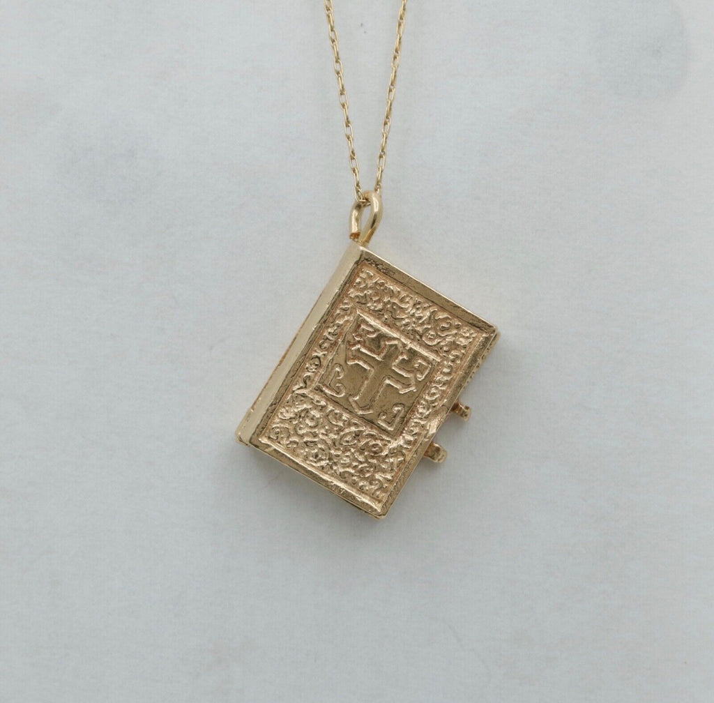 Vintage 14K Yellow Gold Bible Book Movable Pendant Charm