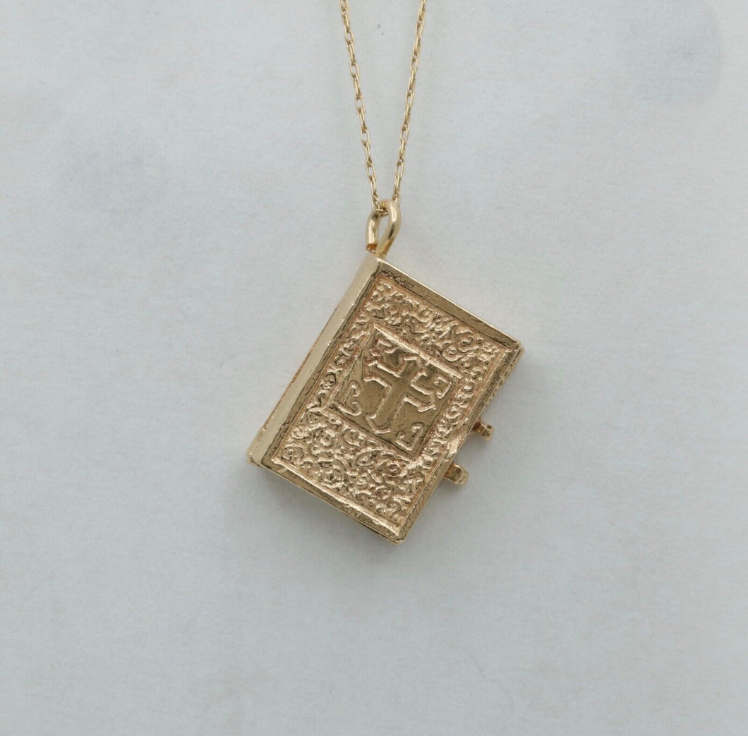 Vintage 14K Yellow Gold Bible Book Movable Pendant Charm