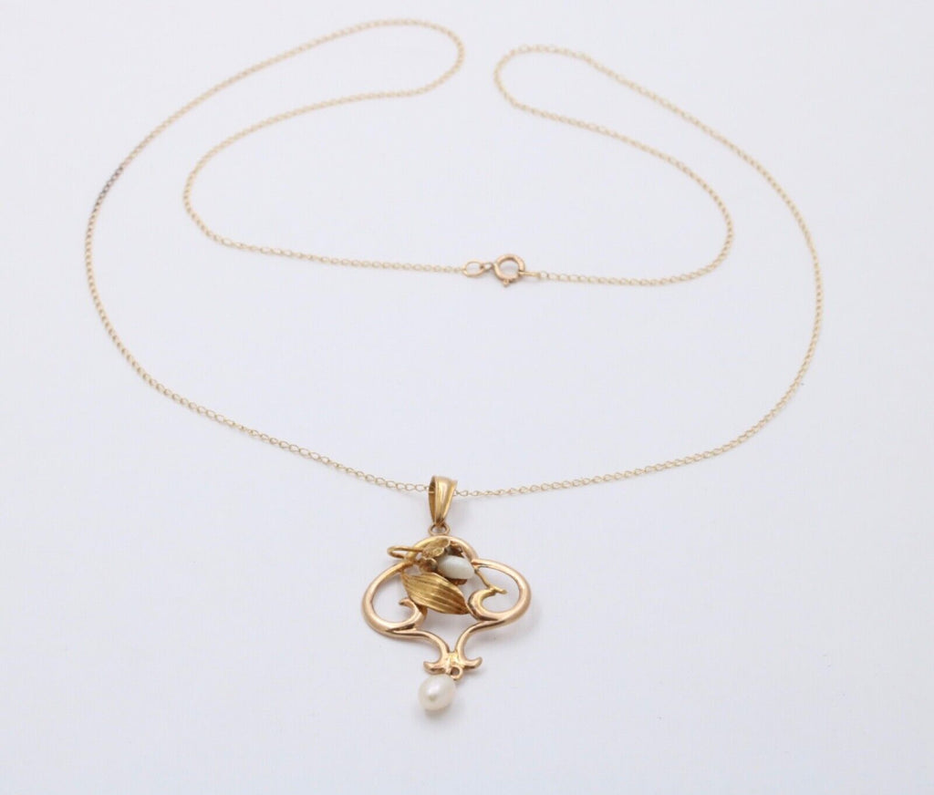 Art Nouveau 10K Yellow Gold Acorn Pearl Pendant Necklace