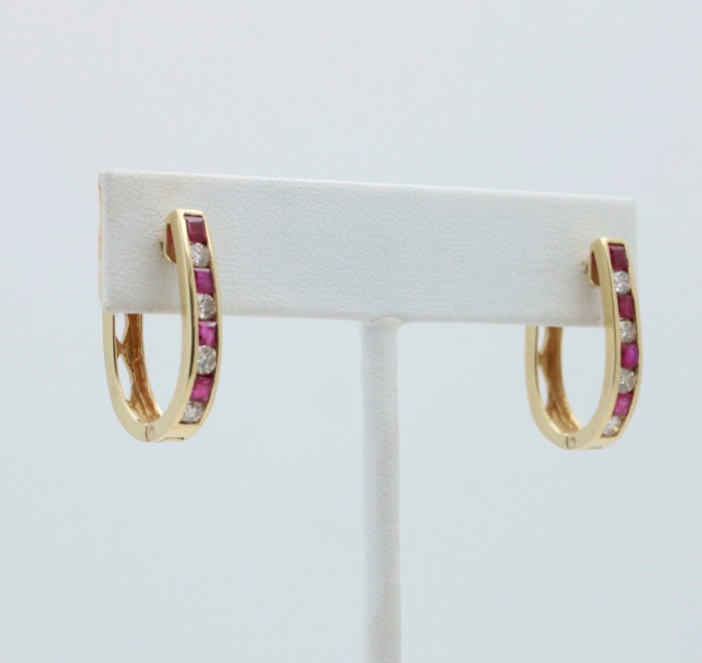 Vintage 14K Yellow Gold Ruby And Diamond Huggies Earrings
