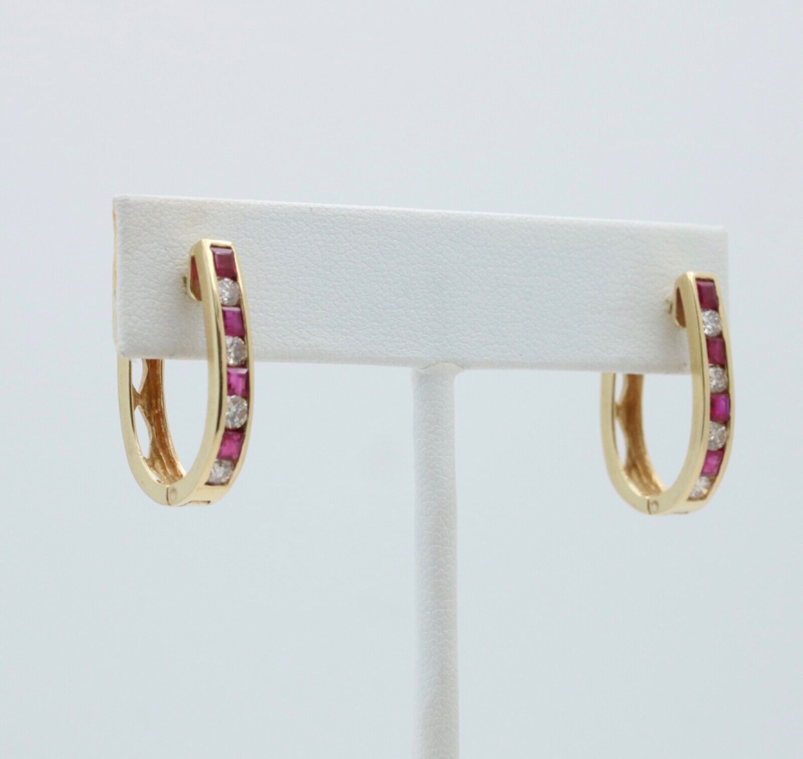 Vintage 14K Yellow Gold Ruby And Diamond Huggies Earrings