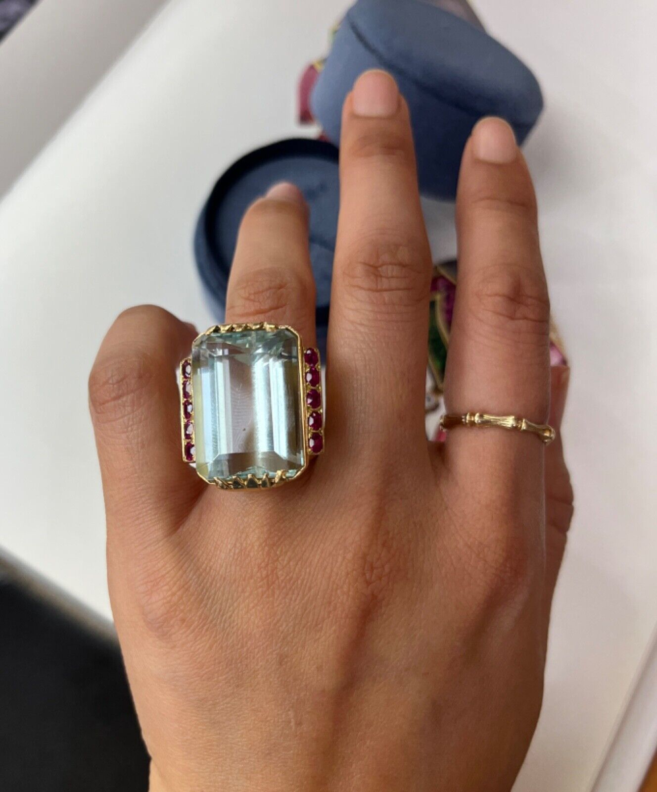 Vintage Retro 14K Yellow Gold Large Aquamarine & Ruby Ring