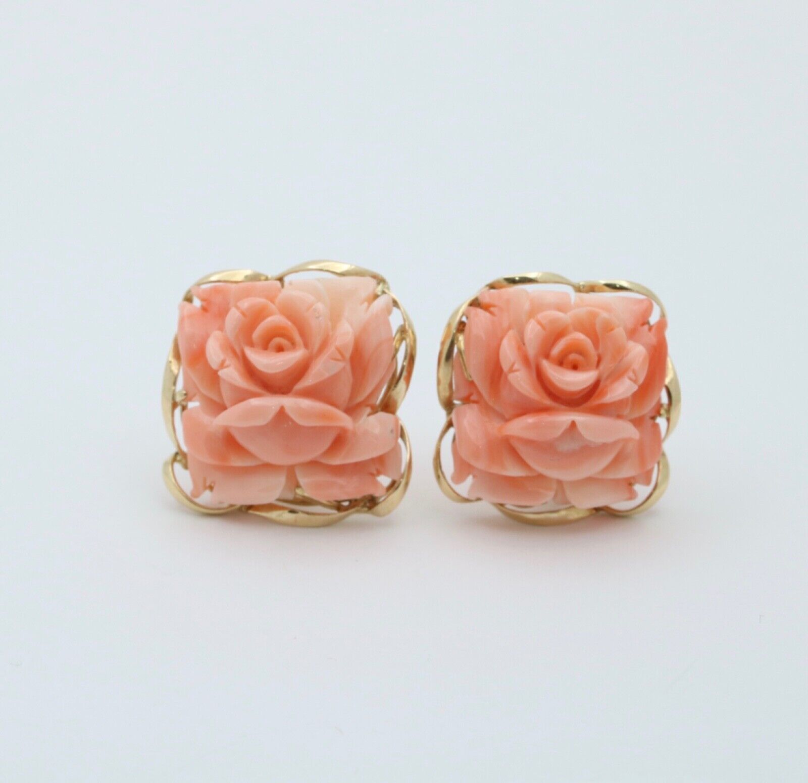 Vintage Carved Coral 14K Yellow Gold Flower Earrings