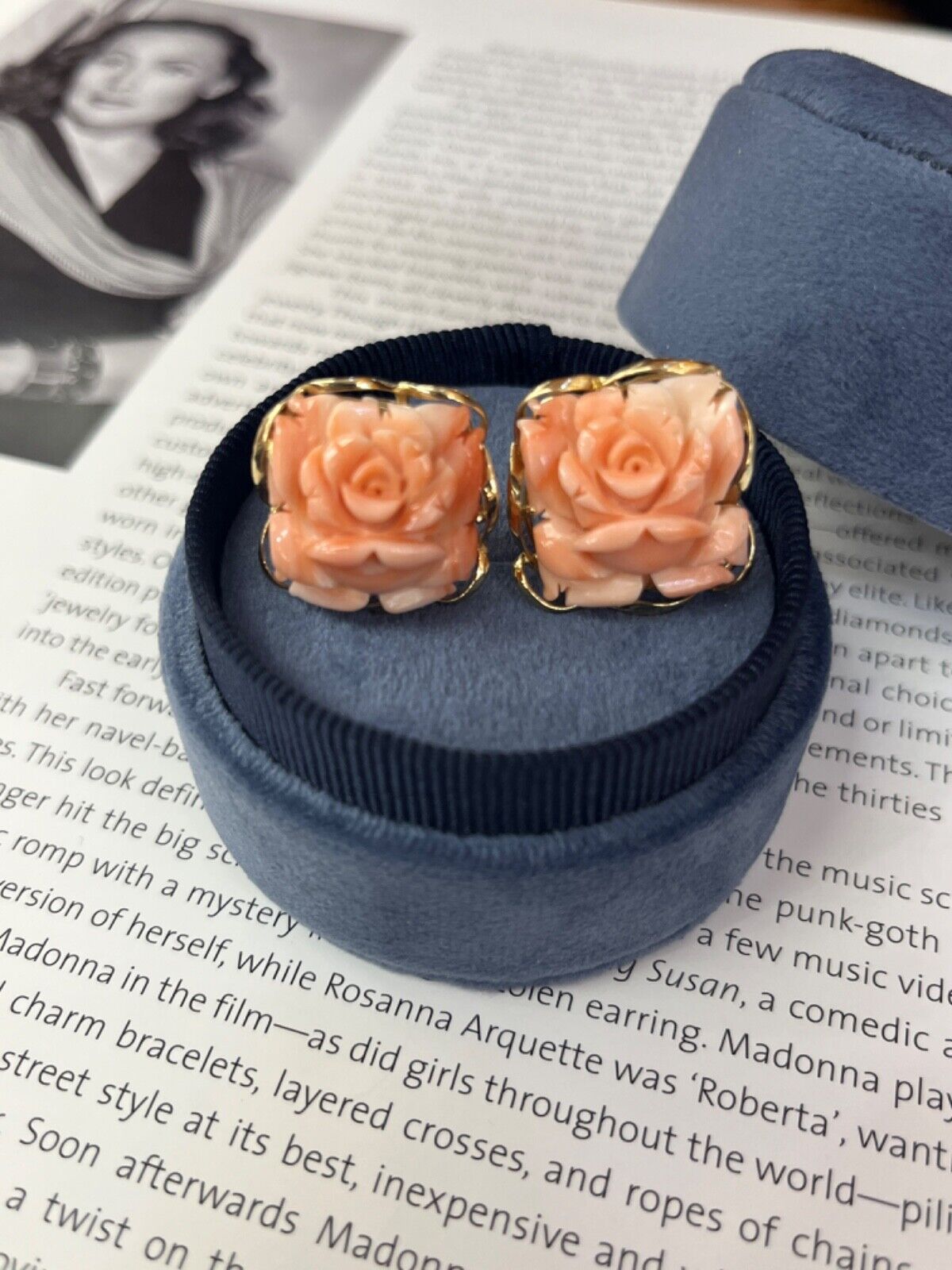Vintage Carved Coral 14K Yellow Gold Flower Earrings