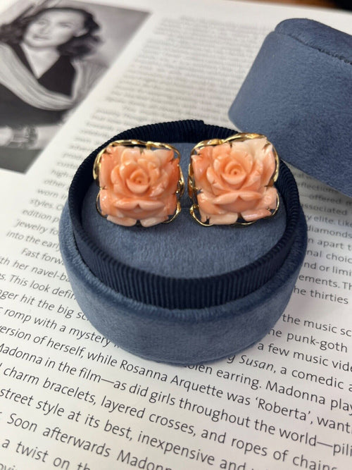 Vintage Carved Coral 14K Yellow Gold Flower Earrings