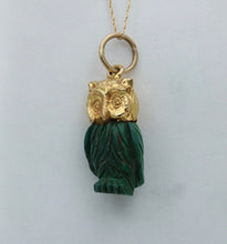 Load image into Gallery viewer, Vintage England 9K Yellow Gold Carved Malachite Owl Charm Pendant
