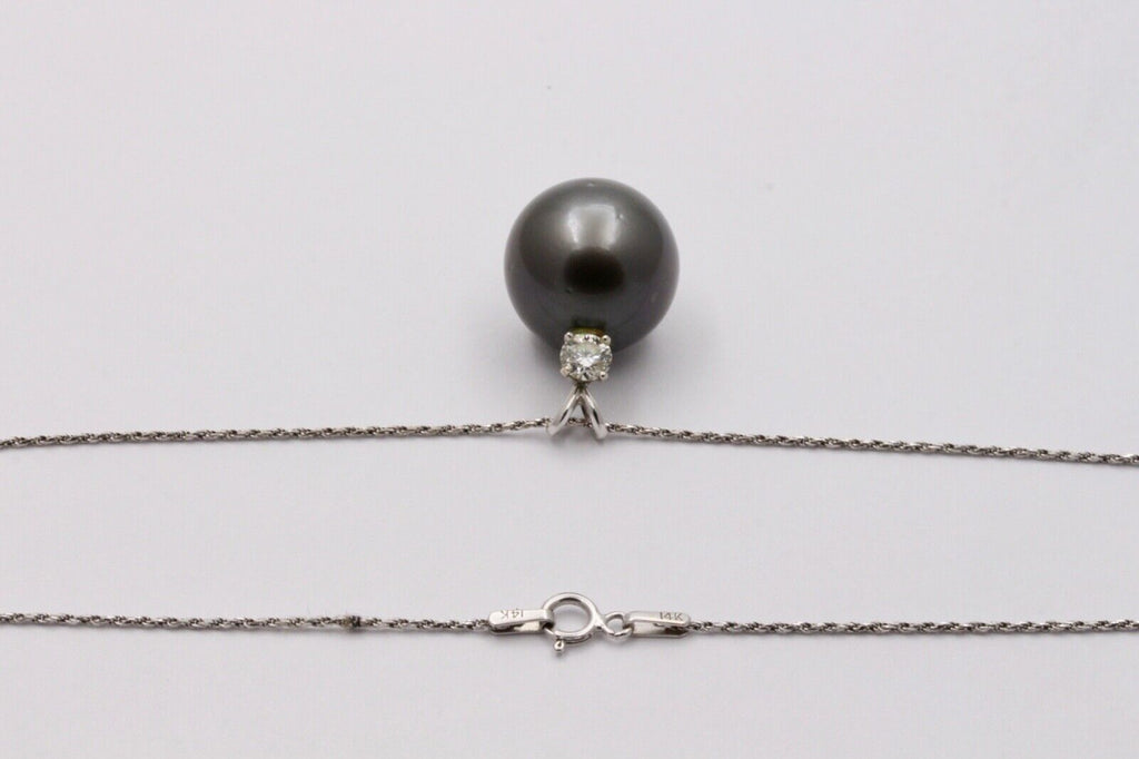 Vintage Large 16.5 mm Tahitian South Sea pearls Diamond 14K White Gold Necklace