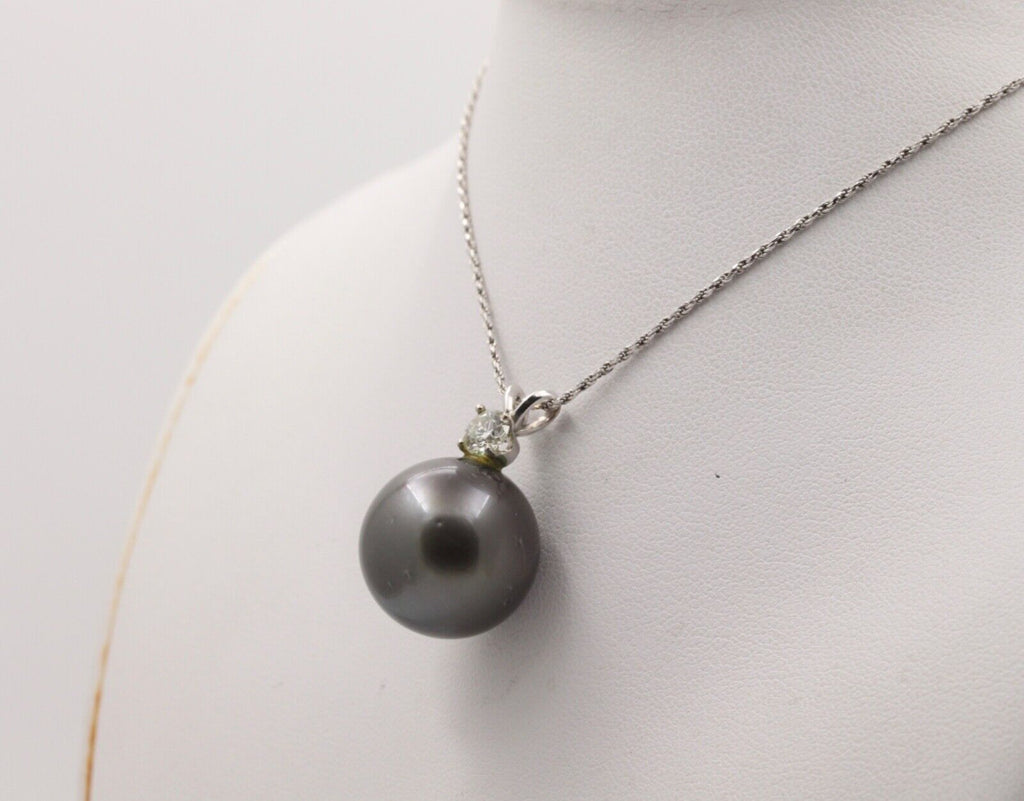 Vintage Large 16.5 mm Tahitian South Sea pearls Diamond 14K White Gold Necklace