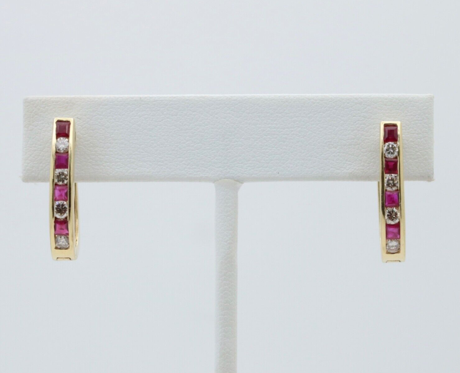 Vintage 14K Yellow Gold Ruby And Diamond Huggies Earrings