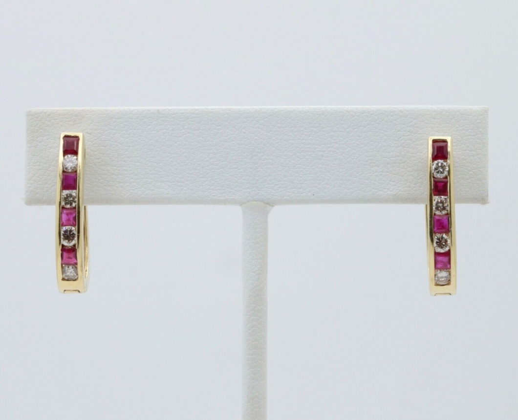 Vintage 14K Yellow Gold Ruby And Diamond Huggies Earrings