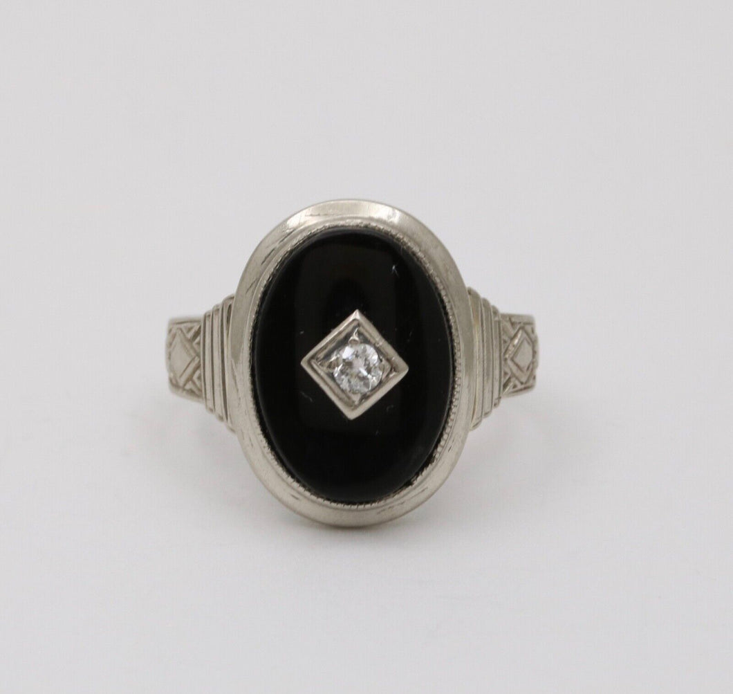 Art Deco Black Onyx Diamond 14K White Gold Ring