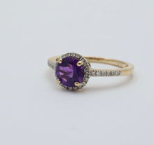 Load image into Gallery viewer, Vintage 14K Yellow Gold Amethyst Diamond Halo Ring
