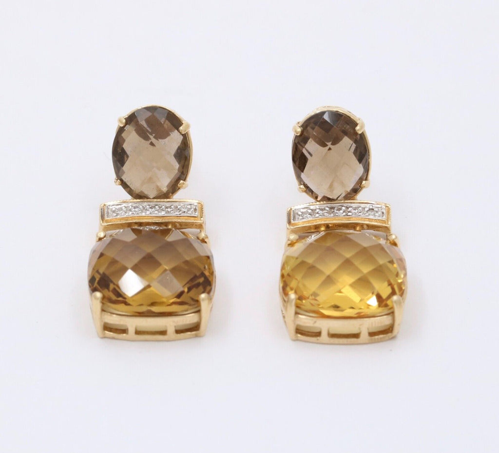 Vintage Citrine Amethyst Diamond 14K Yellow Gold Dangle Earrings
