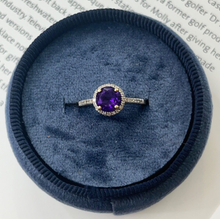 Load image into Gallery viewer, Vintage 14K Yellow Gold Amethyst Diamond Halo Ring
