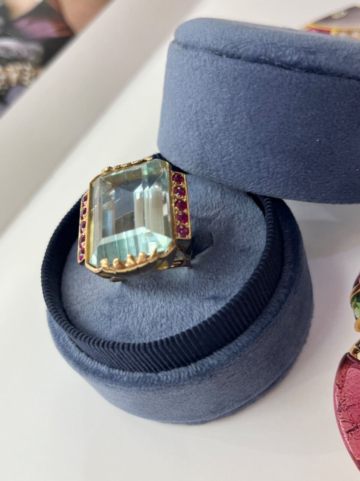 Vintage Retro 14K Yellow Gold Large Aquamarine & Ruby Ring