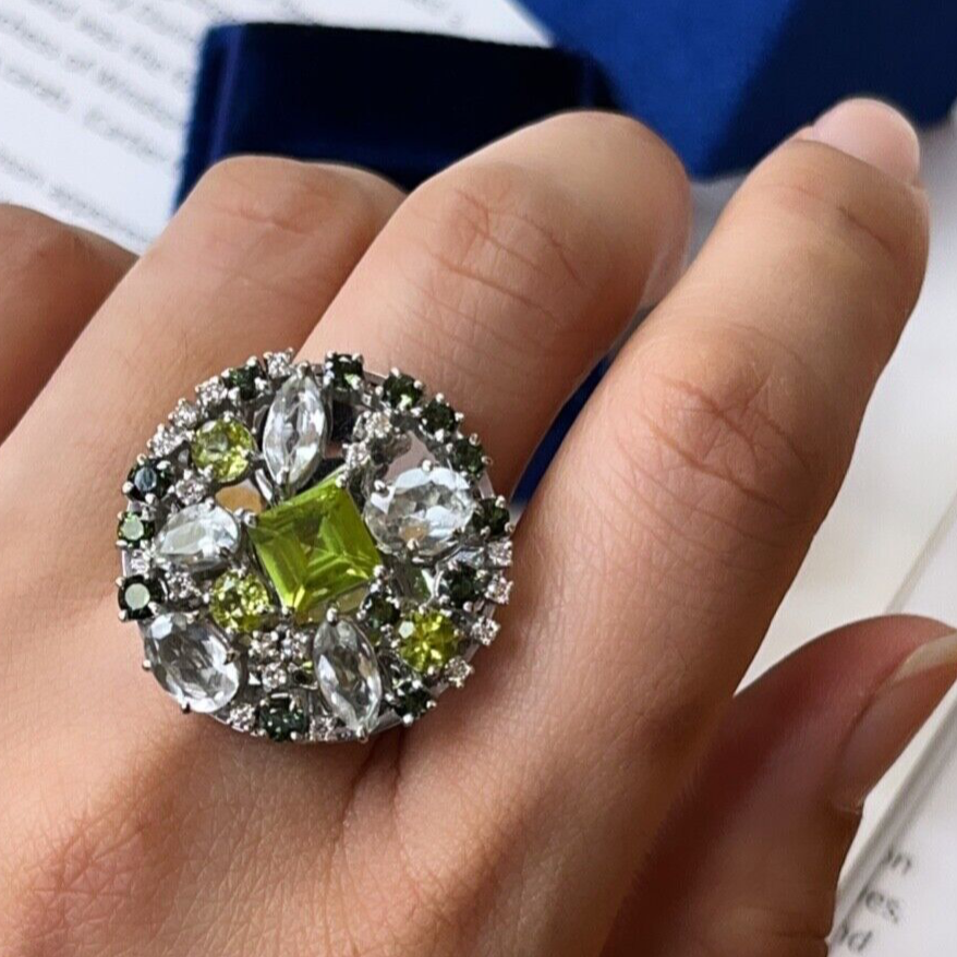 Striking Denoir 18K Gold Peridot, Prasiolite, Tourmaline and Diamond Ring