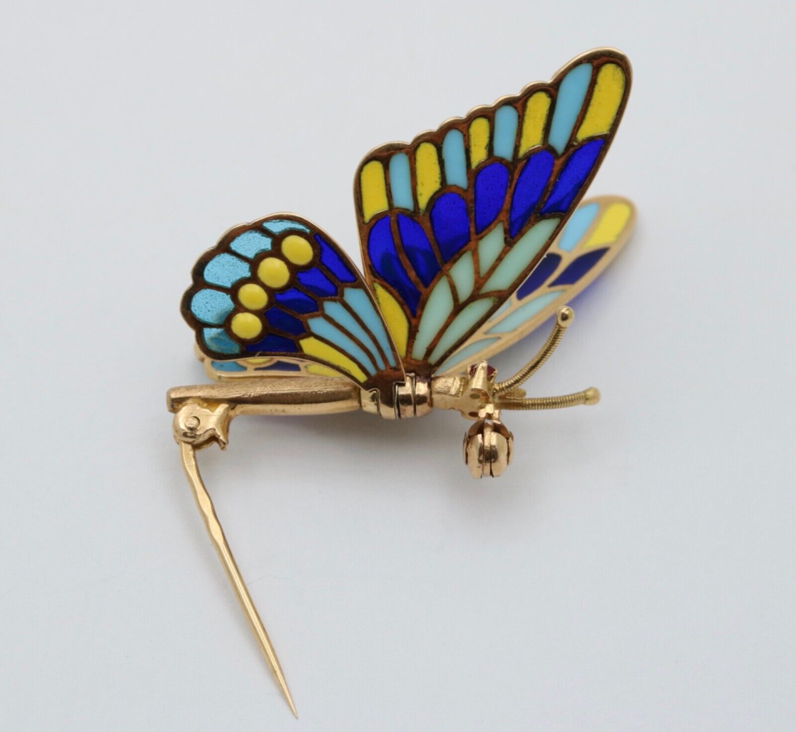 Vintage 18K Yellow Gold Plique A Jour Enamel Butterfly Brooch
