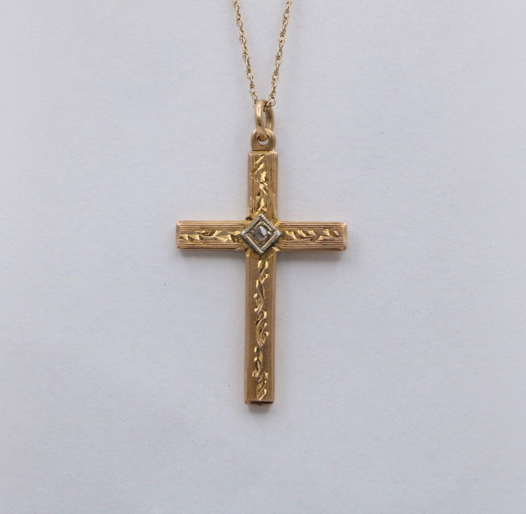 Vintage 10K Yellow & White Gold Cross Diamond Pendant
