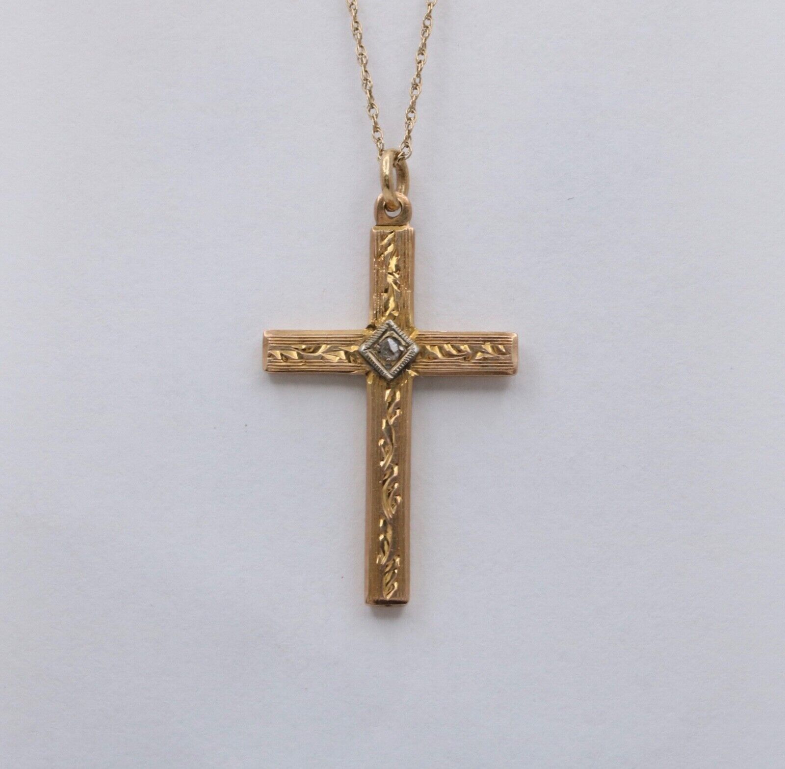 Vintage 10K Yellow & White Gold Cross Diamond Pendant