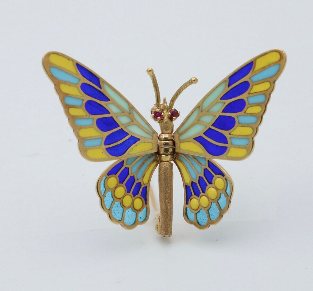 Vintage 18K Yellow Gold Plique A Jour Enamel Butterfly Brooch