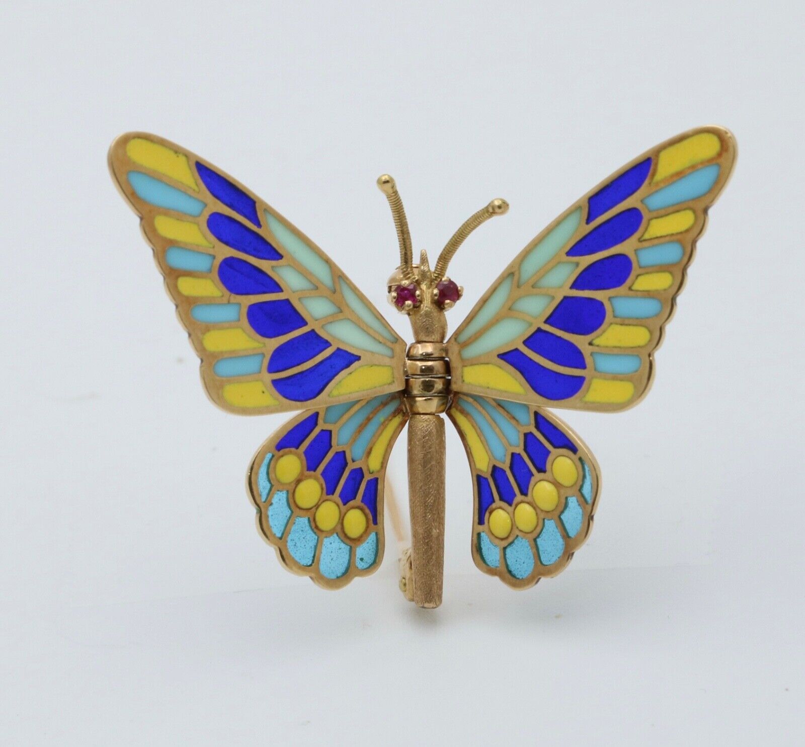 Vintage 18K Yellow Gold Plique A Jour Enamel Butterfly Brooch