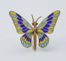 Load image into Gallery viewer, Vintage 18K Yellow Gold Plique A Jour Enamel Butterfly Brooch
