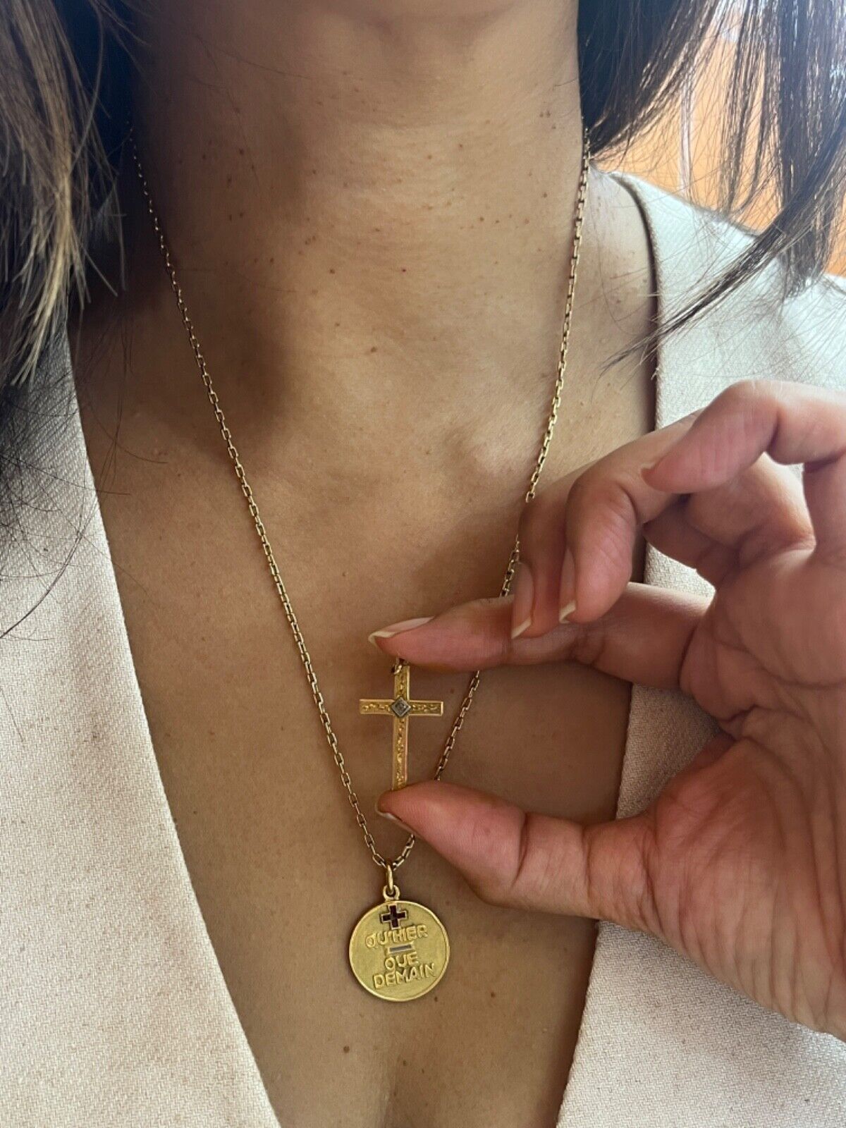 Vintage 10K Yellow & White Gold Cross Diamond Pendant