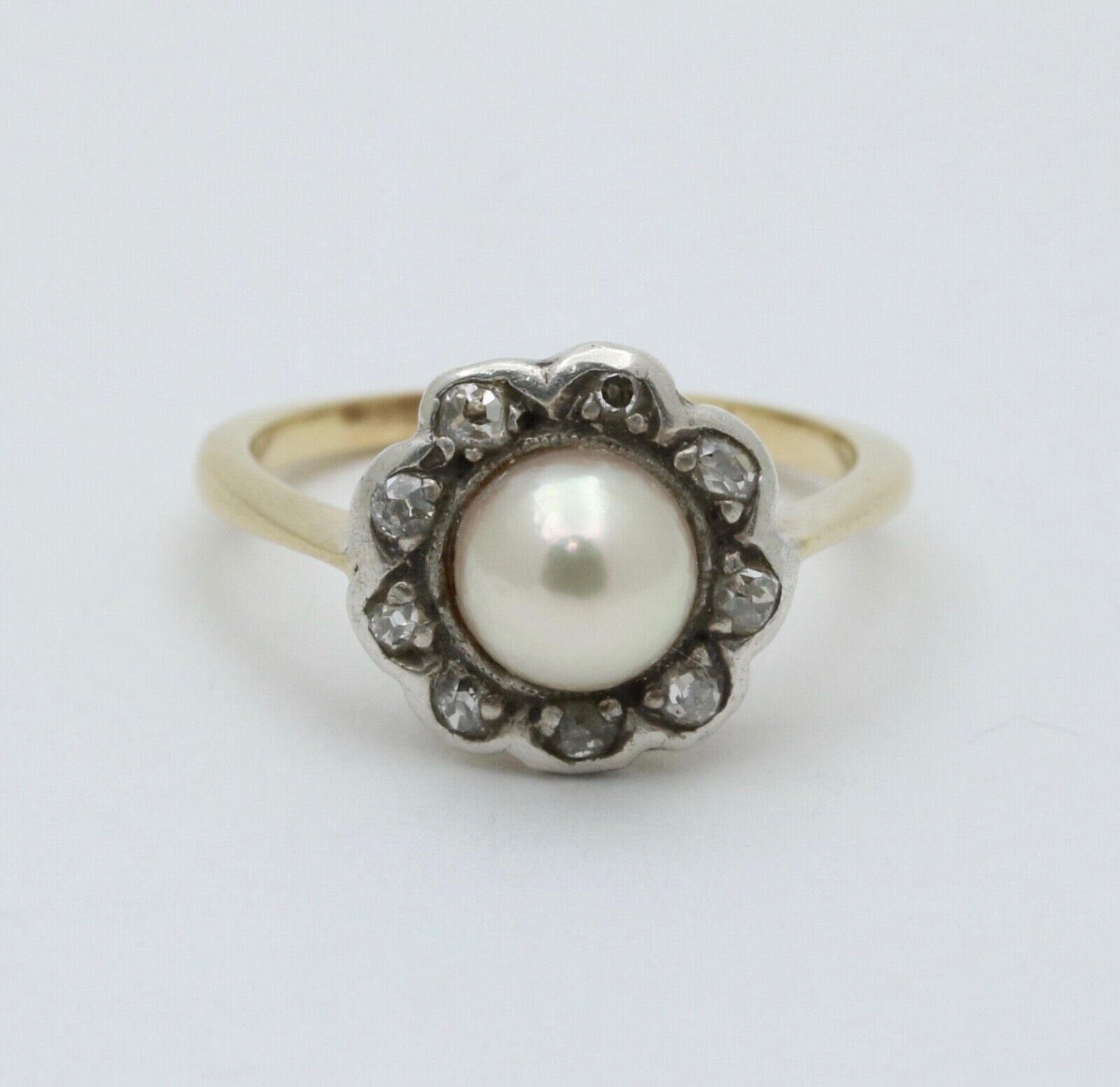 Victorian English Rose Cut Diamonds Pearl 18K Yellow White Gold Ring