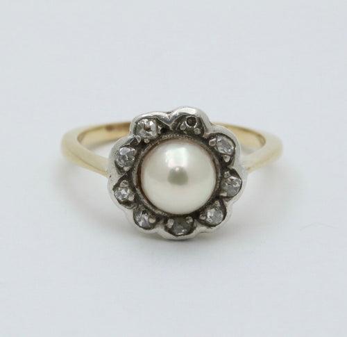 Victorian English Rose Cut Diamonds Pearl 18K Yellow White Gold Ring