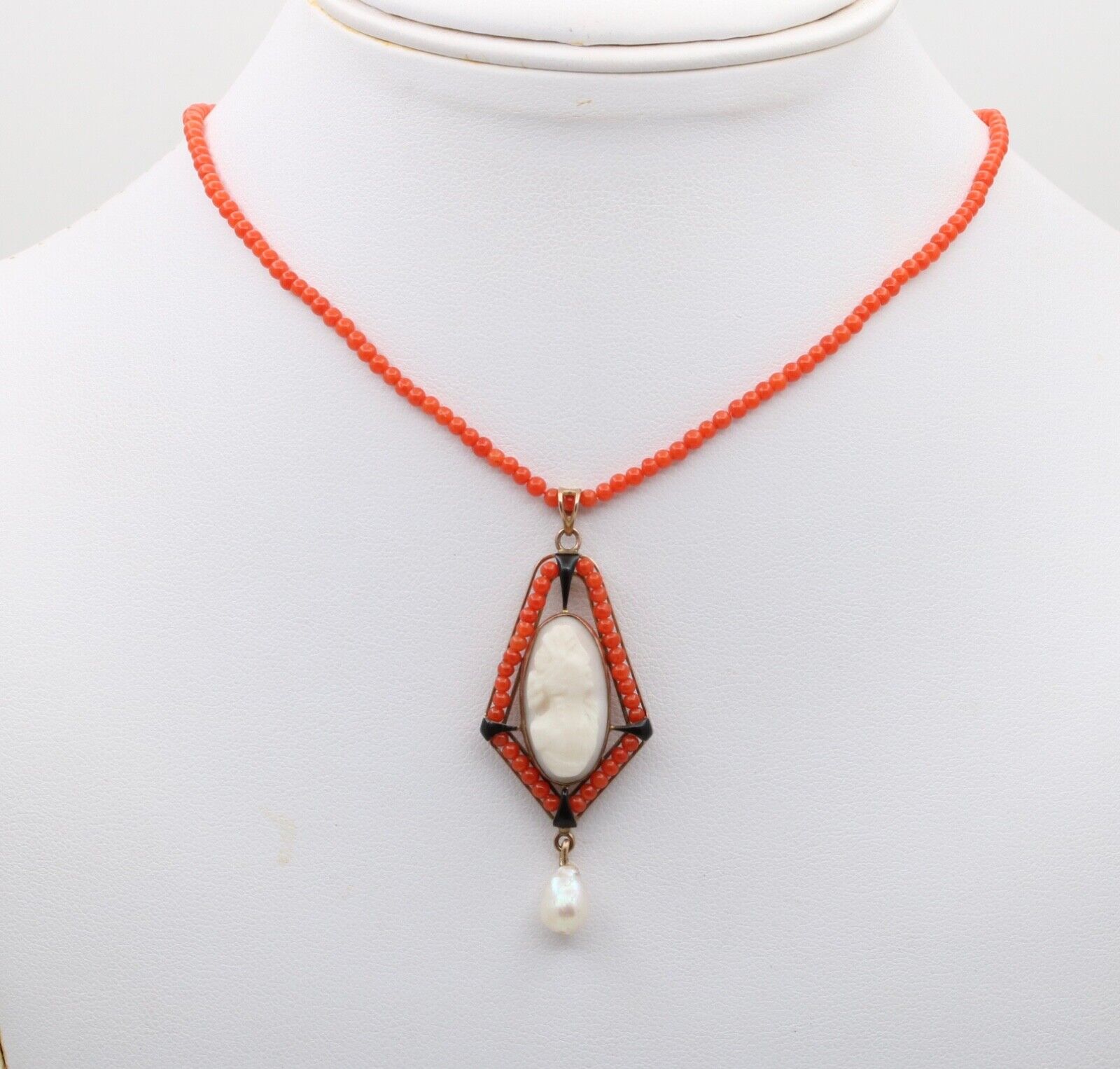 Vintage Coral Cameo Enamel Yellow Gold Pendant Necklace