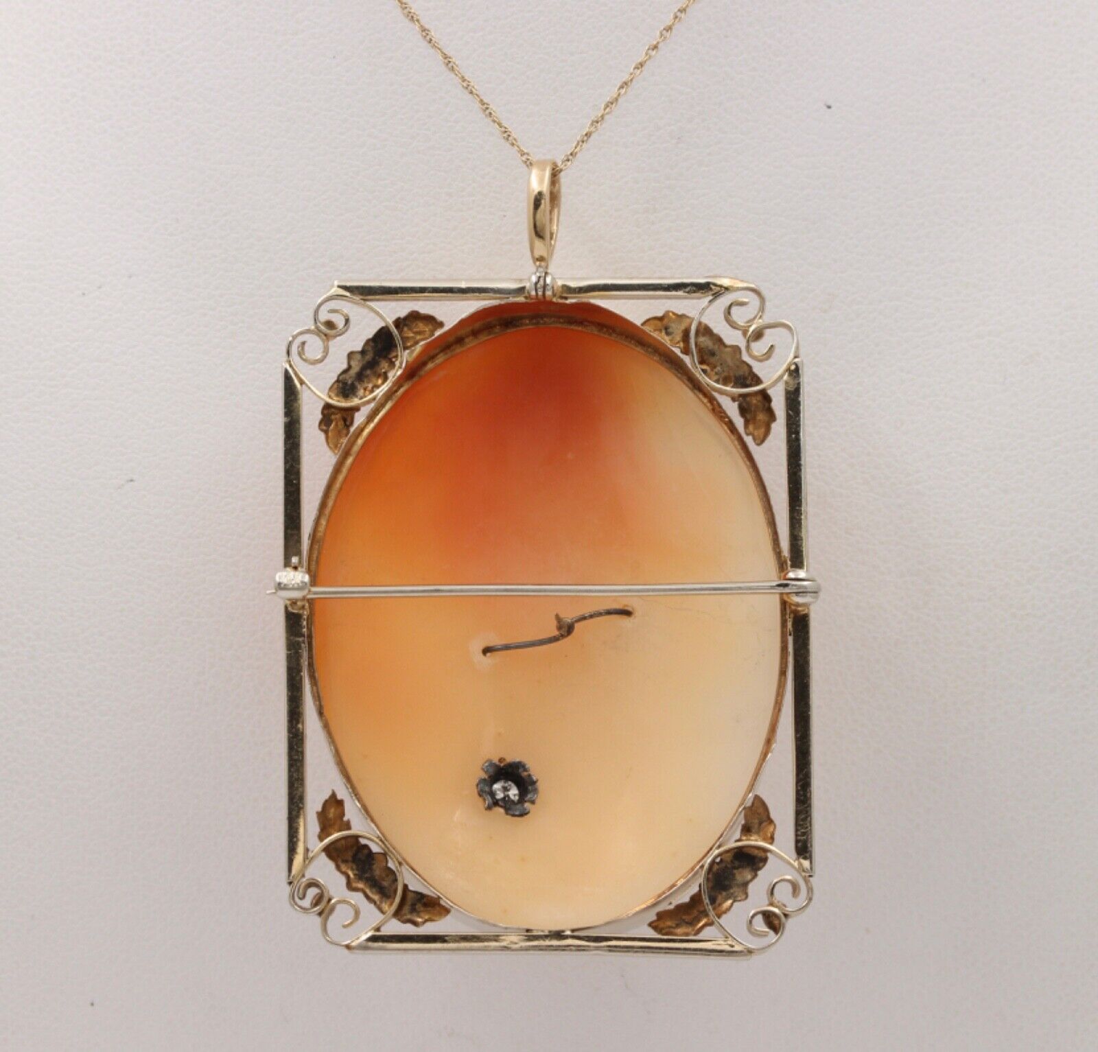 Edwardian Carved Portrait Cameo 14K Yellow Gold Diamond Brooch Pendant
