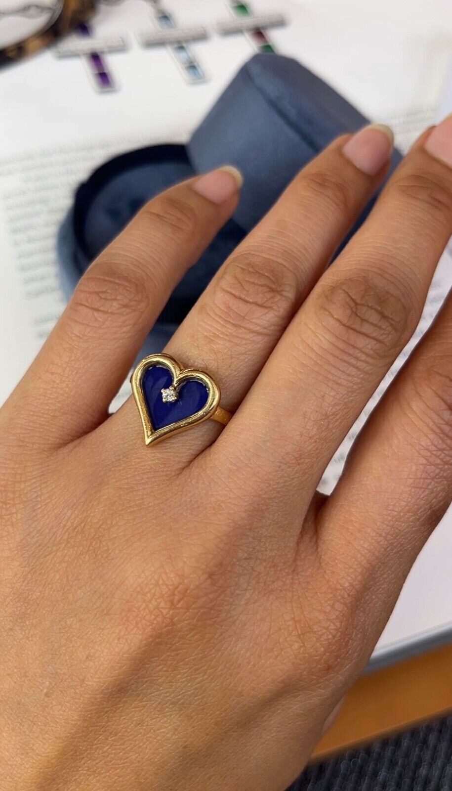 Vintage 14K Yellow Gold Heart Lapis Lari Diamond Ring.