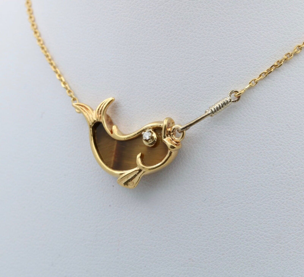 Vintage 18K Yellow Gold Tiger Eye & Diamond Fish Pendant Necklace